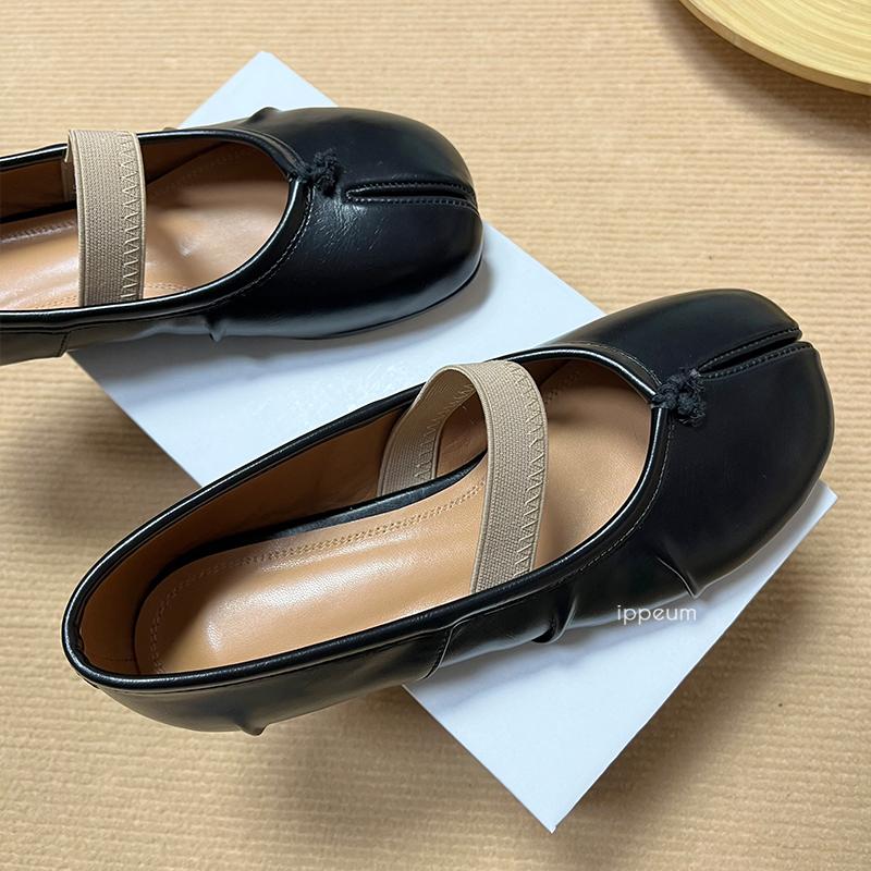 Fashion IPPEUM Women Elastic Band Ballerina Flats Ballet Split Toe Shoes Black Leather Plus Size Ballerinas Zapatos Mujer