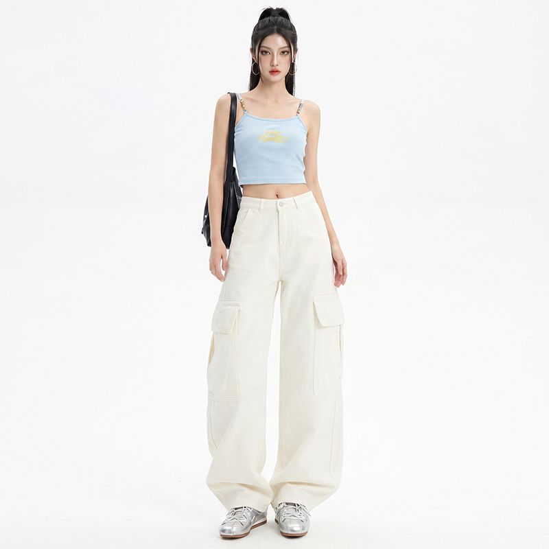 Frühling Sommer Weiß Hohe Taille Schlank Faltenwurf Entspannt Weiter Bein Cargo Jeanshosen Für Damen Lässige Hosen Übergröße Denim Hosen