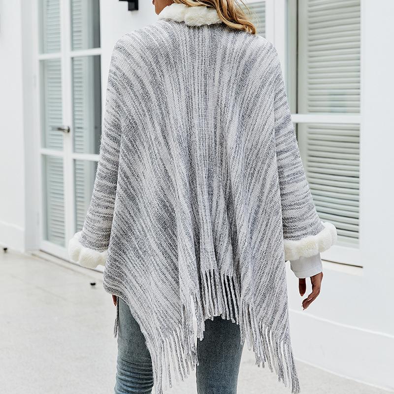 Warm Fur Collar Knitted Shawl Cardigan Cape Shawl Polyester Plus Size Women'S Shawl