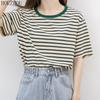 HOUZHOU Stripete T-skjorte Dame Grønn Kortermet Sommer Løs Stor størrelse Korean Chic Casual Topper