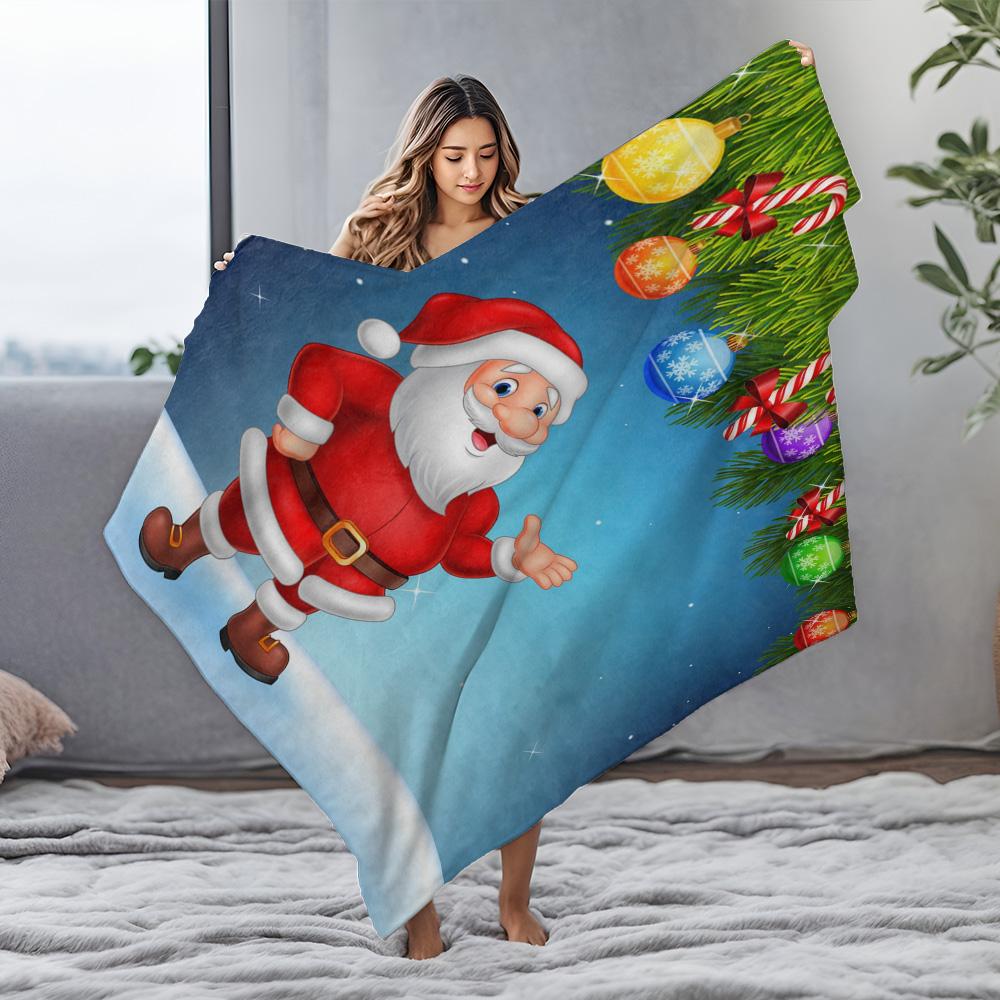 TU Festive Santa Throw Blanket Cozy Christmas Decor Reversible Flannel Fleece Blanket Holiday Gift Home Accent Throw