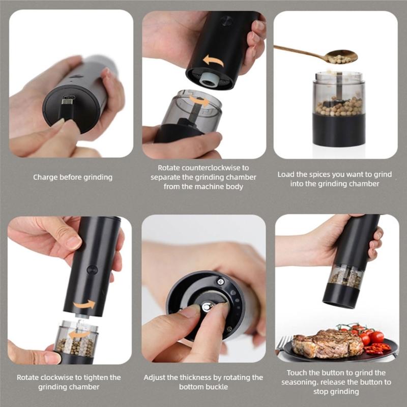 Button Touch Electric Spices Grinder for Salt & Pepper, Clear Chamber Rechargeable Pepper Mill for Desktop Seasoning and Kitchen Preps