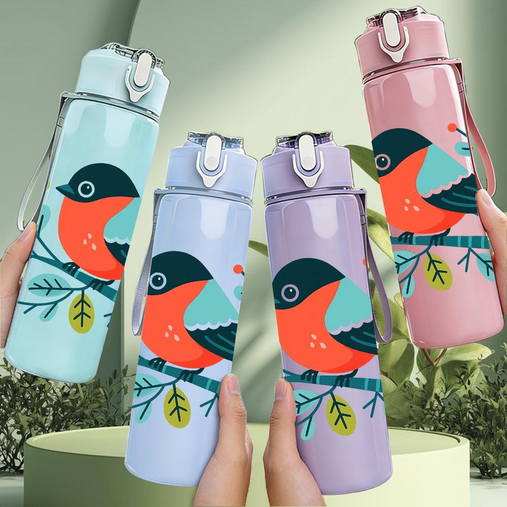 1PC Floral Red Bird Art 750ml Color Plastic Sports Water Bottle Leakproof Flip Straw Lid Suitable for Sports Office Home Use