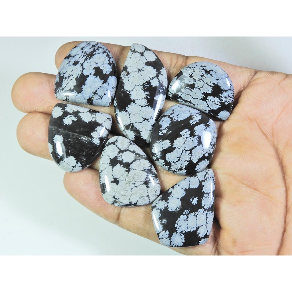 07Pcs Natural Snowflake Obsidian Fancy Cabochon Loose Gemstone Lot 145Cts. A-742