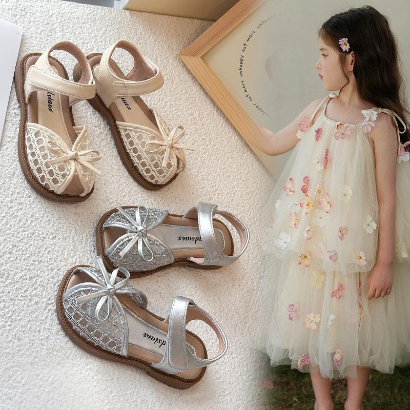Kids Sandals Peep Top Mesh Breathable Girls Princess Shoes with Simple Bow 2025 Summer New Children Beach Shoes Casual Trendy