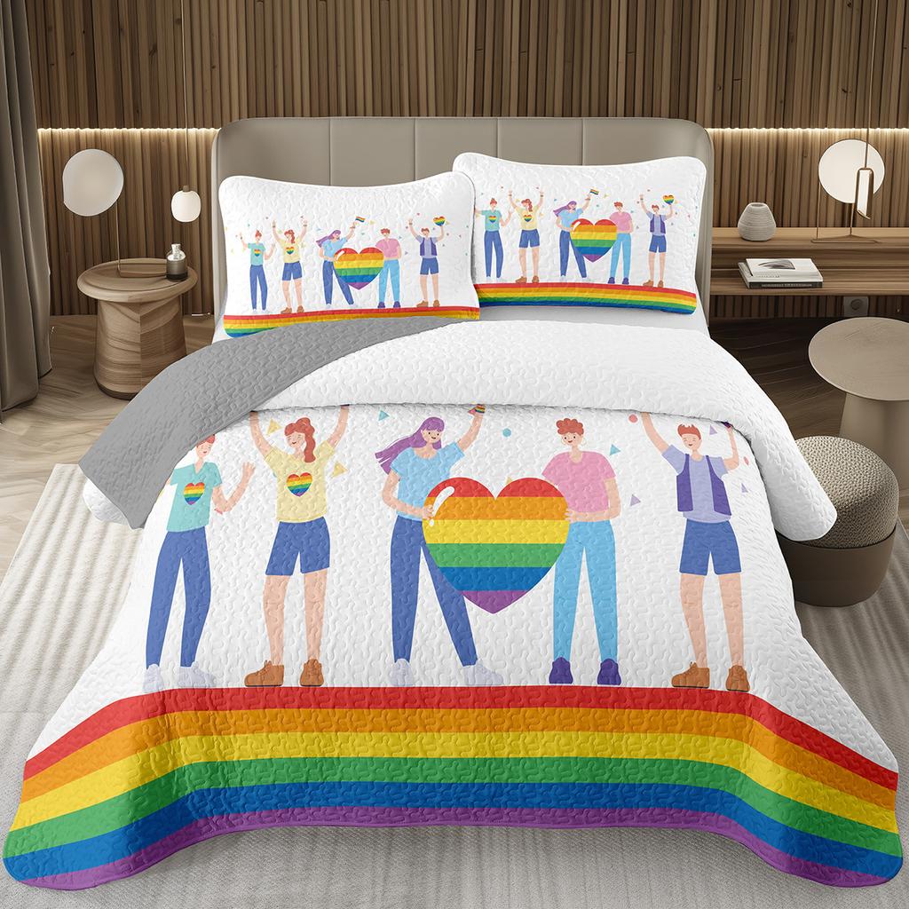 Rainbow Bedspread Queen/Full People Celebrating International Day for LGBT Community Quilt Set Colorful Rainbow Striped Coverlet