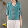 Summer Women's Clothing Shirts Blouse Blusa Mujer Vintage Casual Camisas Women Blouses Linen V Neck Embroidery