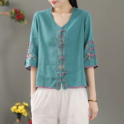 Summer Women's Clothing Shirts Blouse Blusa Mujer Vintage Casual Camisas Women Blouses Linen V Neck Embroidery