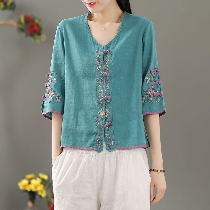 Summer Women's Clothing Shirts Blouse Blusa Mujer Vintage Casual Camisas Women Blouses Linen V Neck Embroidery