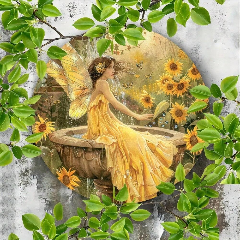 Vintage Sunflower Fairy Round Aluminum Sign 8x8 Inch Metal Wall Art Tin Finish Home Restaurant Cafe Decor