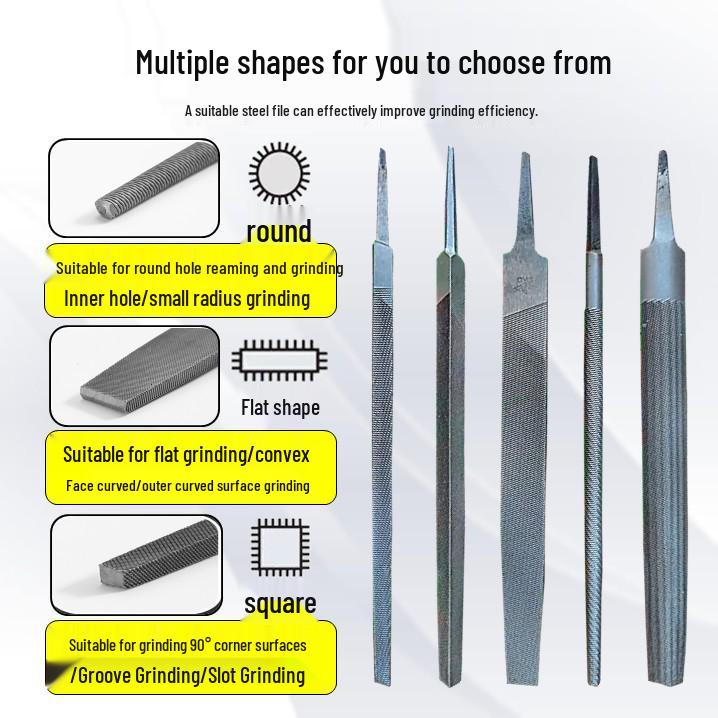Hugong Multi-Specification Steel Files Set: Flat, Half-Round, Triangle, Rasp, Square, and Round Metal Grinding Tools.