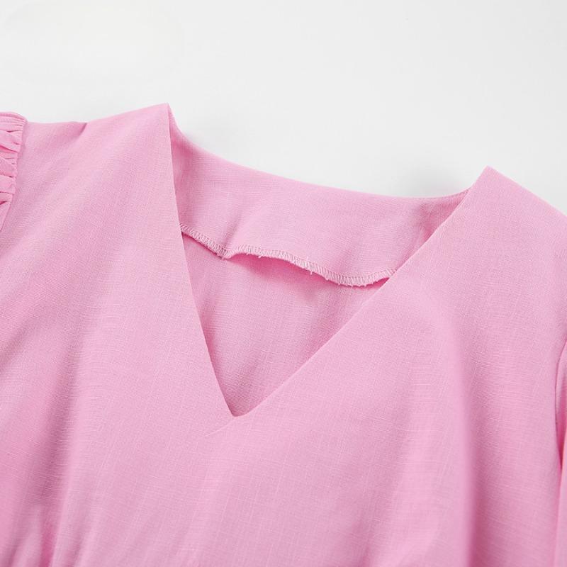 Летнее платье женское элегантное с V-образным вырезом и рукавами-фонариками на шнуровке — фото 12