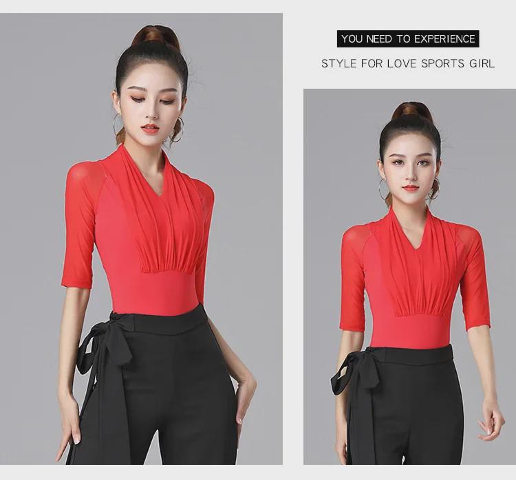 Letnie czerwone plisowane bluzki z siateczki z krótkim rękawem do treningu tańca towarzyskiego latino dla kobiet