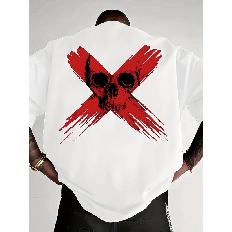 Round Neck T-Shirt - X Skull Print T-Shirt, Loose Fit, Breathable And Comfortable, Short Sleeves, Perfect for Halloween Gifts
