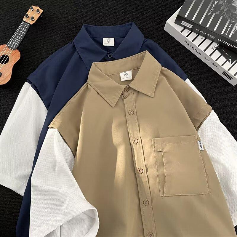 

Поддельная рубашка из двух частей с короткими рукавами для мужчин, летняя американская ретро-модная повседневная рабочая рубашка, куртка 2XL хаки