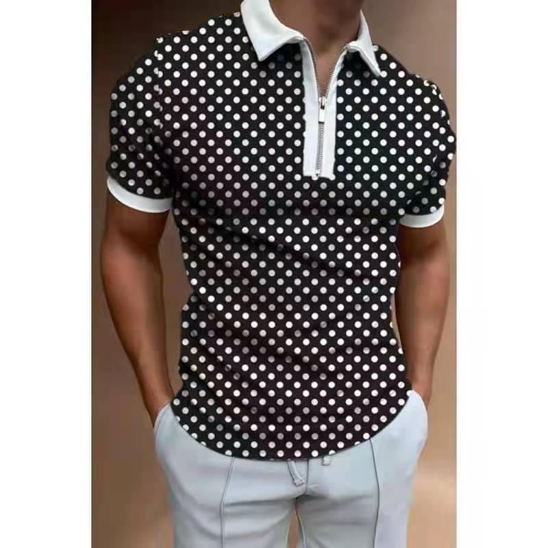 Geometric Pattern Short Sleeve Polo Shirt with Zip Collar, Casual Trendy Wear