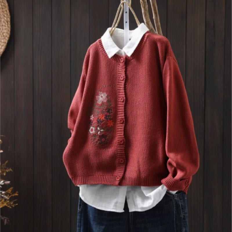 Johnature Women Vintage Embroidery Floral Sweaters O-Neck Long Sleeve Solid Color Button Knitted Autumn Sweaters