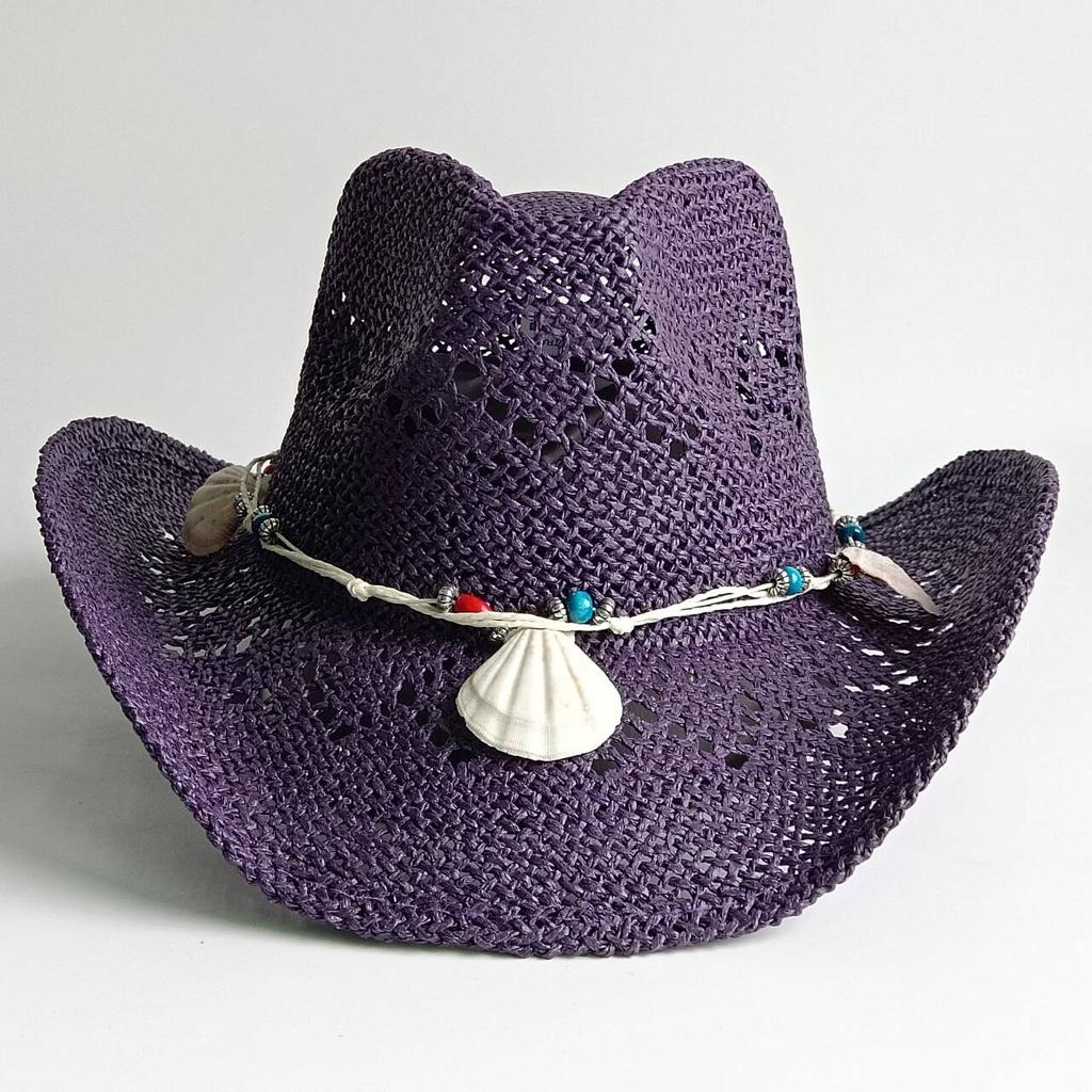 Bright Yellow Cowboy Straw Hats Beach Women Men Shell and Pearl Accessories Out Western Wide Brim Sun Hat Sombrero
