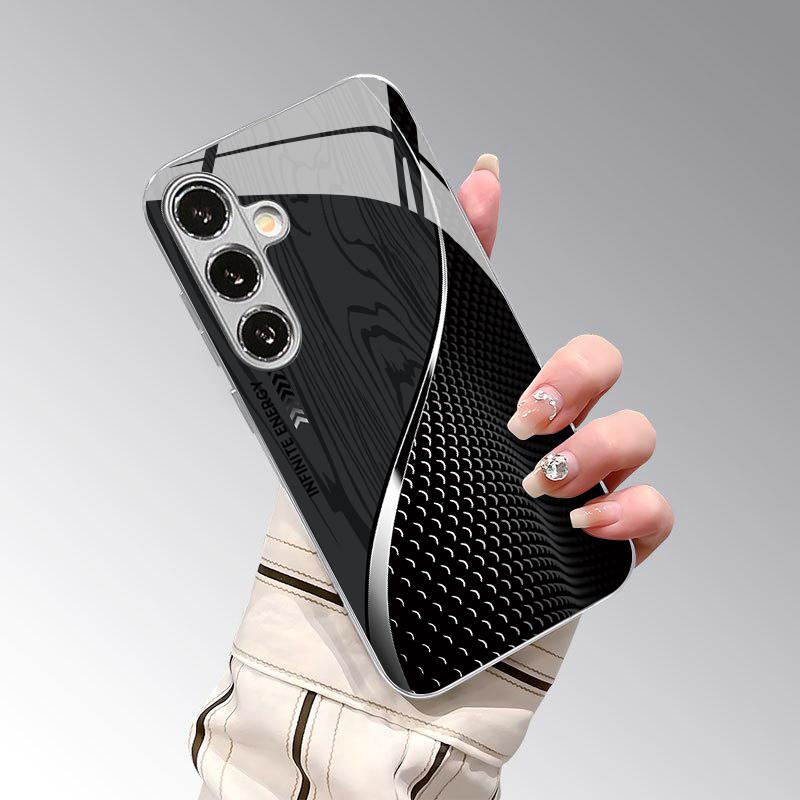 Black Pattern 2D Phone Case for Samsung S26 S25 S24 S23 S22 S21 S20 A56 A36 A16 - Electroplated Glass Protective Cover