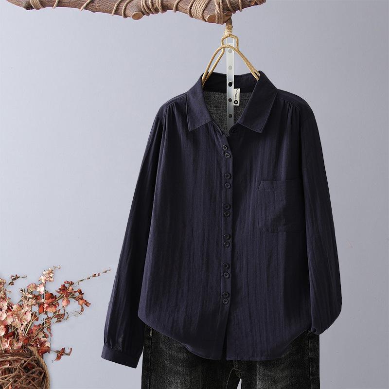 Pure cotton double-layer cotton yarn long-sleeved women's shirt, new loose casual style simple design lapel shirt top
