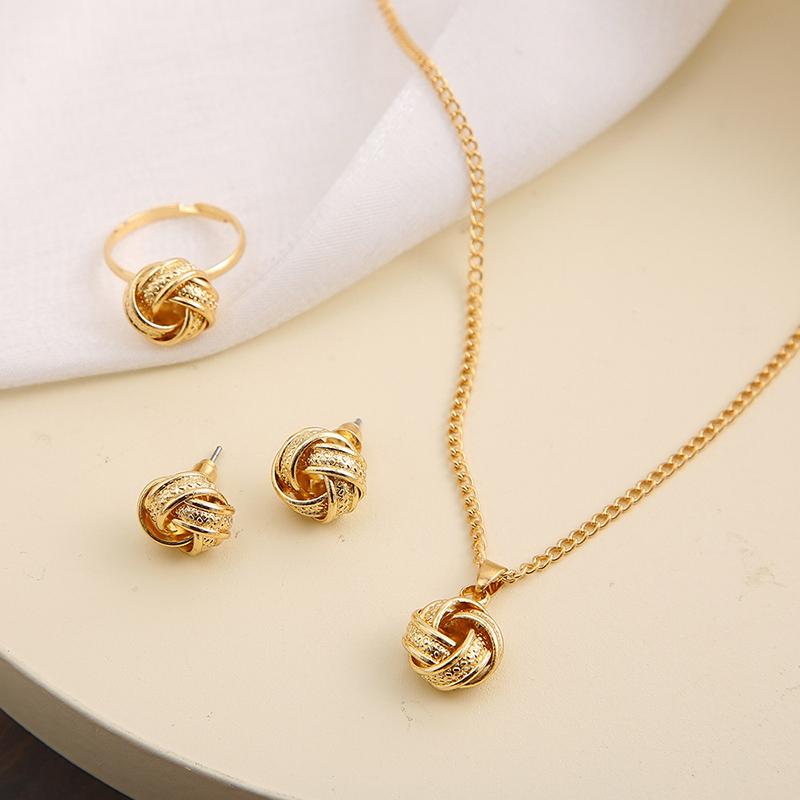 3Pcs/Set Gold-Color Ball Shape Jewelry Trendy Twist Lucky Knot Adjustable Rings Necklace Earrings For Woman Party Wedding Gifts