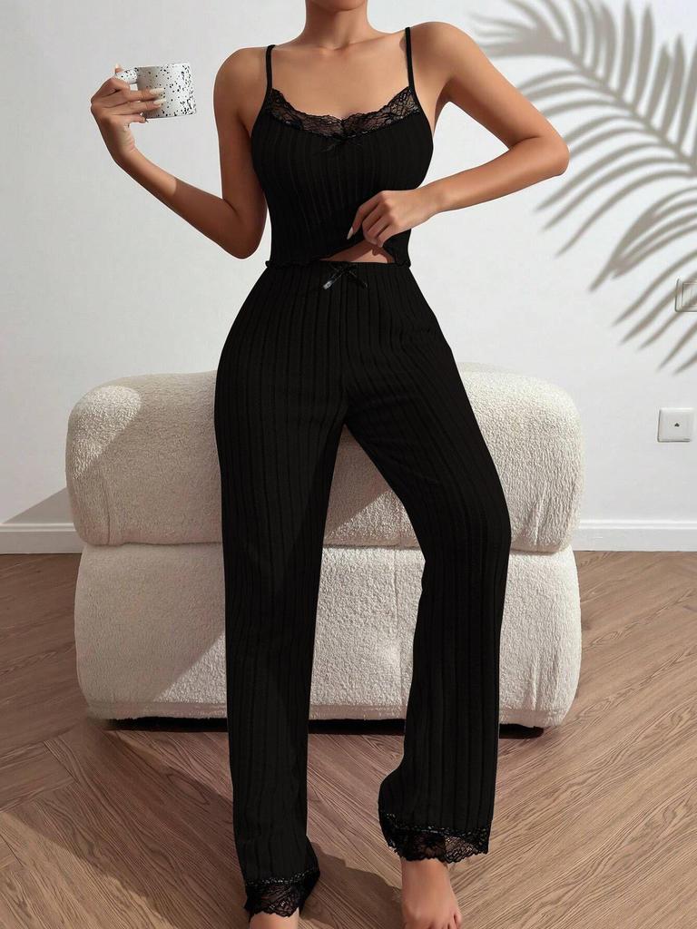 Cross-Border Hot-Selling Women's Rib Knit Heart Camisole Pajamas Set - Wearable Outdoors with Long Pants