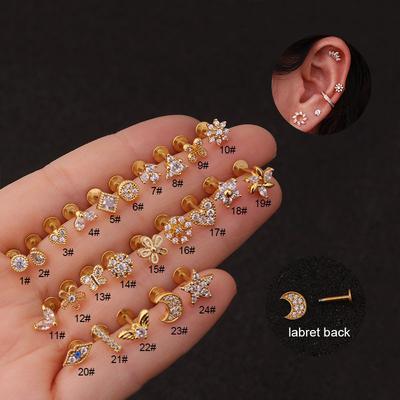 Surgical Stainless Steel Labret Ring Lip Studs Tragus Cartilage Earring 16g Punk Cz Gem Ear Piercing Body Jewelry 6mm