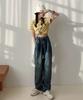 Aimoha Denim Pants with Waist Baggy Zip White Size Navy Women's High-Waisted Tucks, Silhouette, Fly, Denim, M,