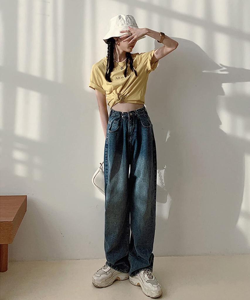 Aimoha Denim Pants with Waist Baggy Zip White Size Navy Women's High-Waisted Tucks, Silhouette, Fly, Denim, M,