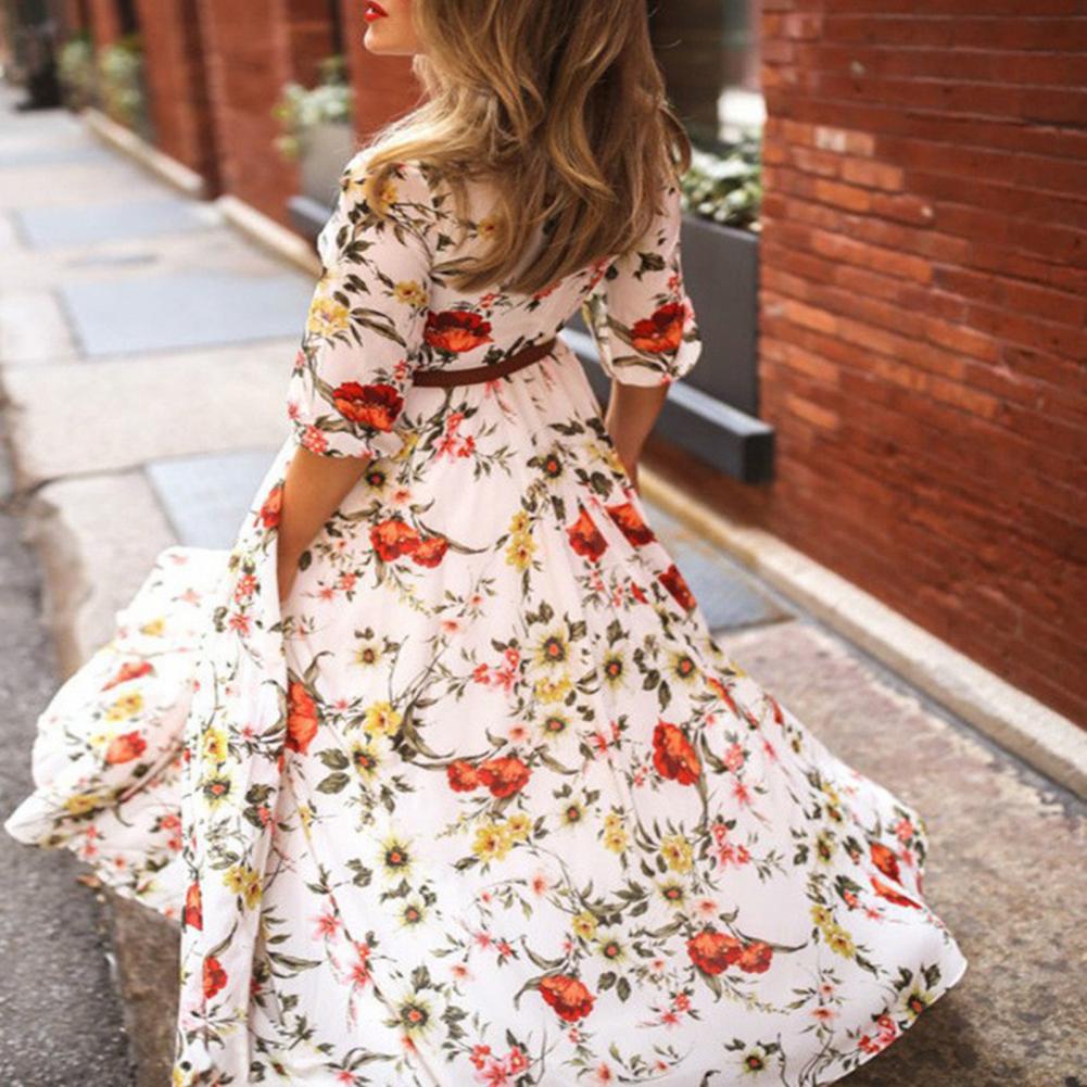 Abito stampato aderente, elegante abito lungo floreale per donna, silhouette a trapezio, design a vita alta, dettaglio mezza manica per primavera estate