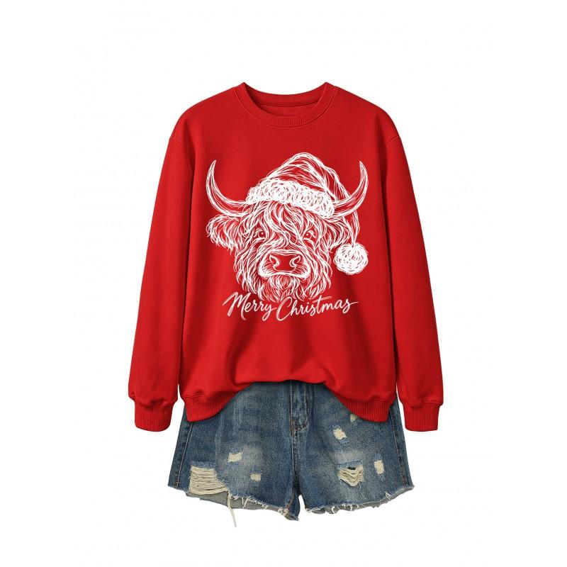 Womens Casual Fashion Christmas Yak Head Print Crewneck Sweatshirt Regular Fit Daily Wear