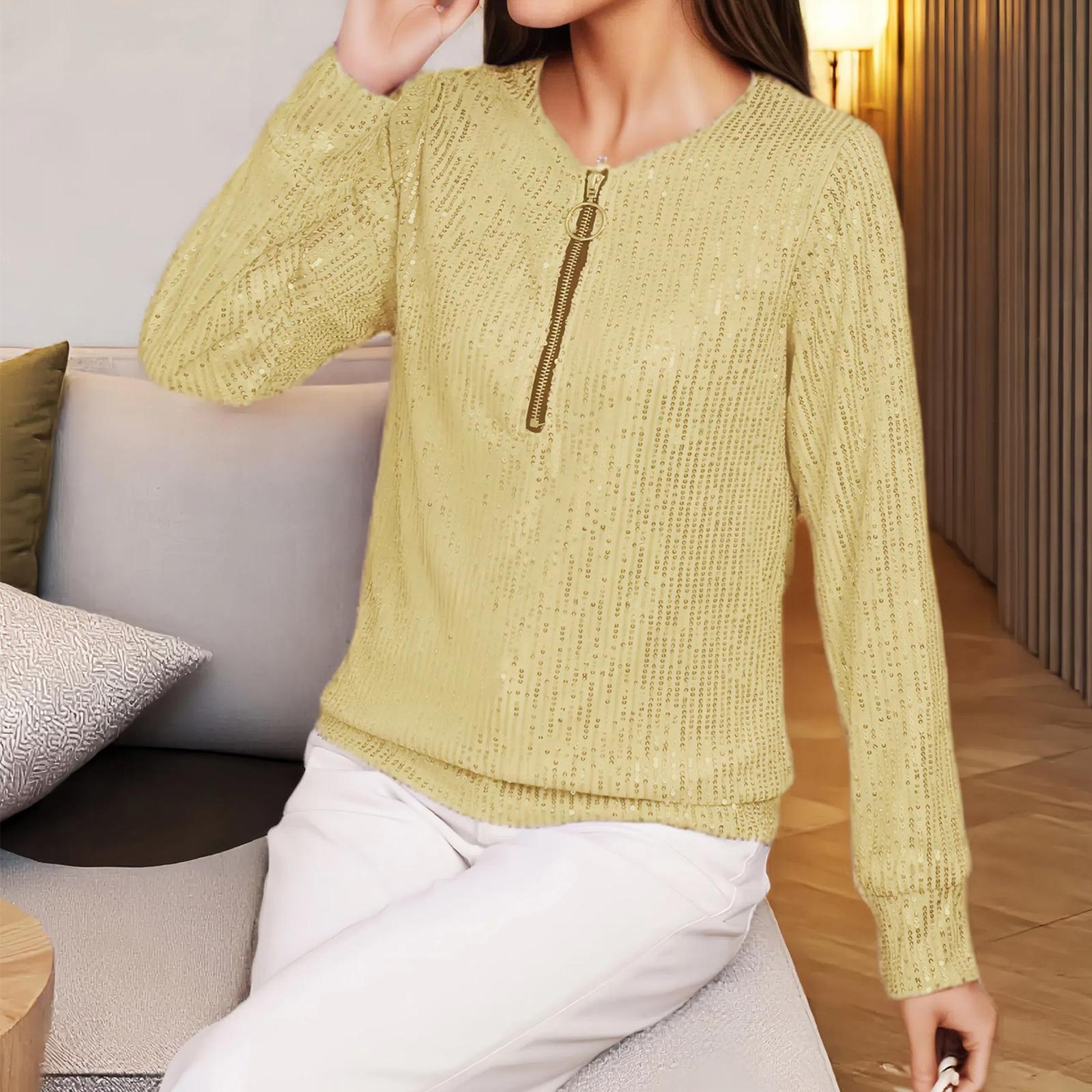 

Женская модная и повседневная свободная футболка с круглым вырезом и длинными рукавами однотонного цвета с пайетками XL жёлтый