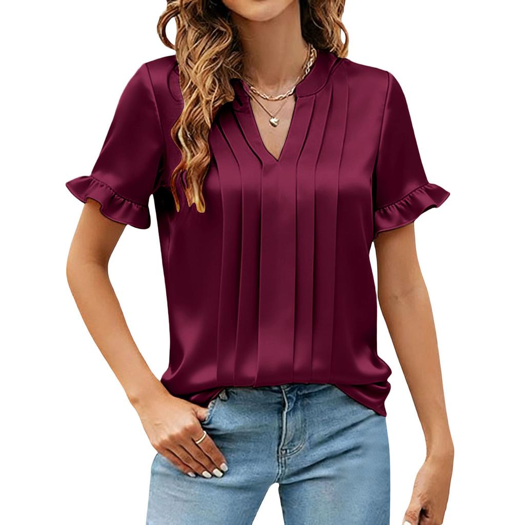 Women's Fashionable Casual Satin V-Neck Pleated Short-Sleeve Loose-Fit T-Shirt