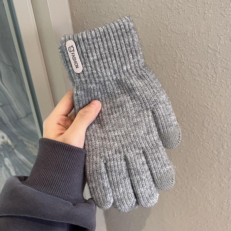 Women's winter touch screen gloves, piled and thickened warm cycling cold-proof wool knitted outdoor men's five-finger gloves