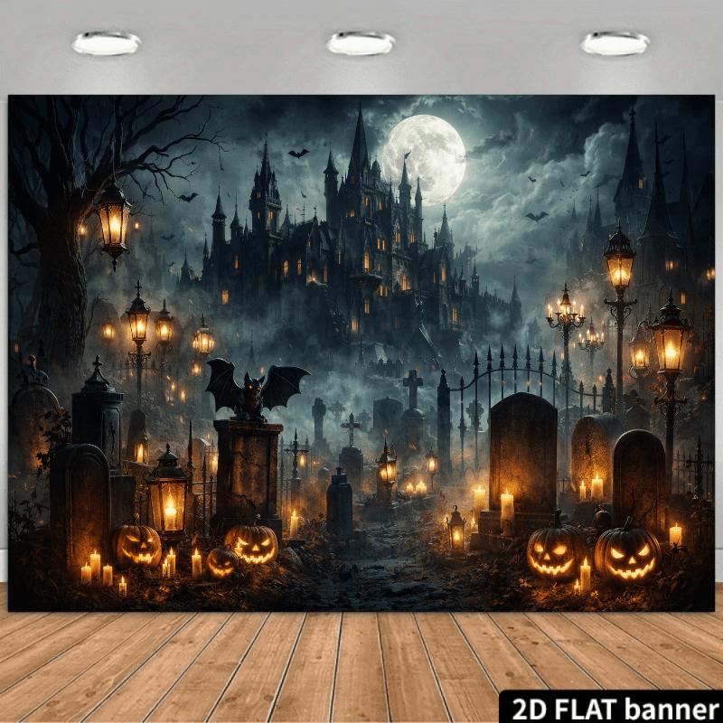 2D Flat Horror Castle-themed Background Fabric, Perfect for Halloween Parties To Create an Eerie and Terrifying Atmosphere