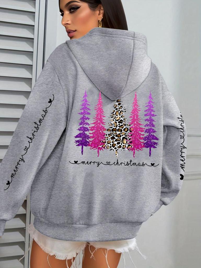 Women's Festive Leopard Print Tree Hoodie with Pockets