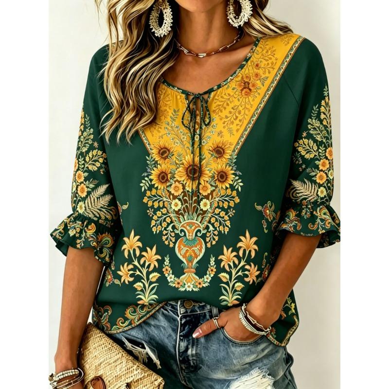 Women's Burgundy Ornate Floral Print Tie Front Blouse, Casual Loose Top for Spring Summer Daily Wear