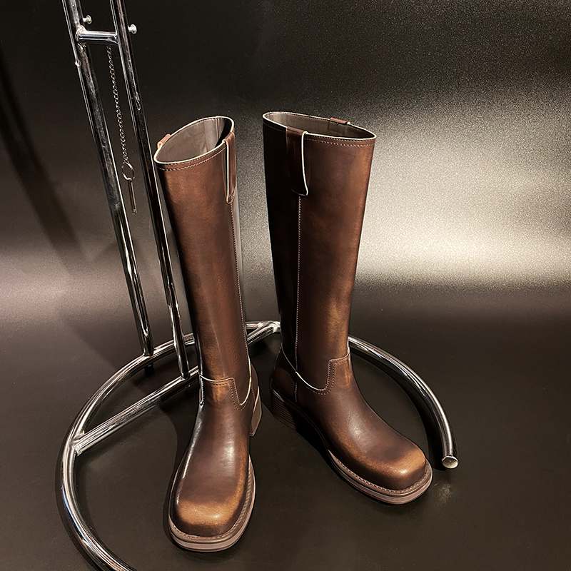 Krazing Pot Genuine Leather Spring Winter Shoes Thick Med Heels Riding Boots Retro Fashion Women Thigh High Boots