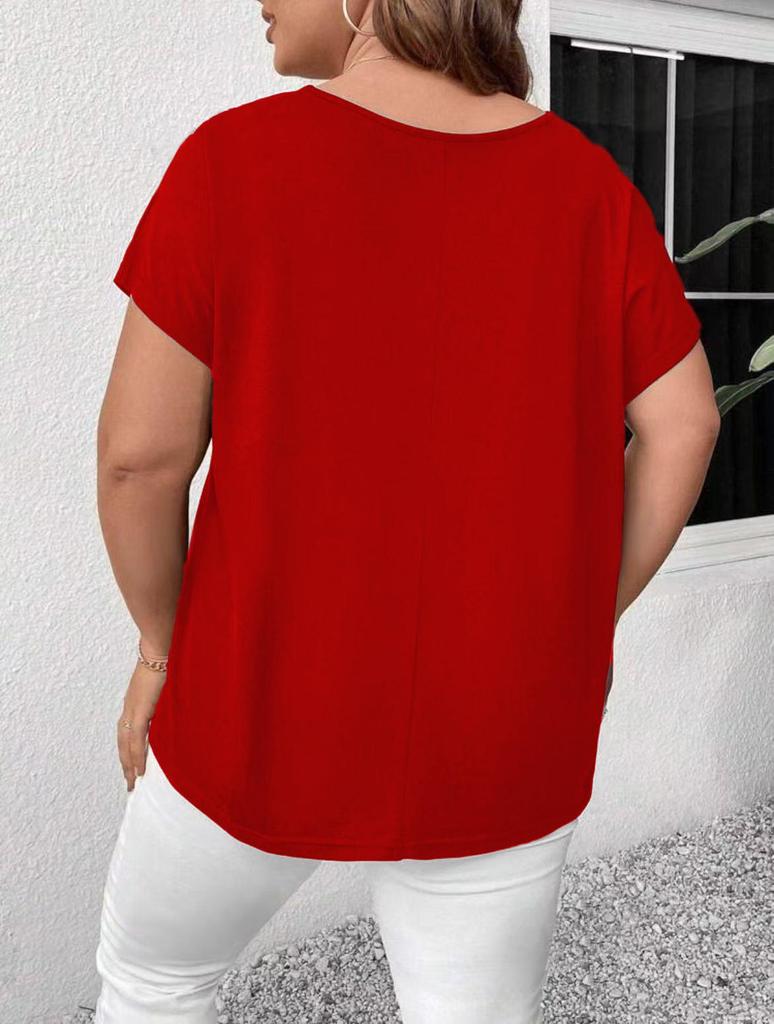 2026 Plus Size V-Neck Cross Strap Hollow Short Sleeve Women's T-shirt
