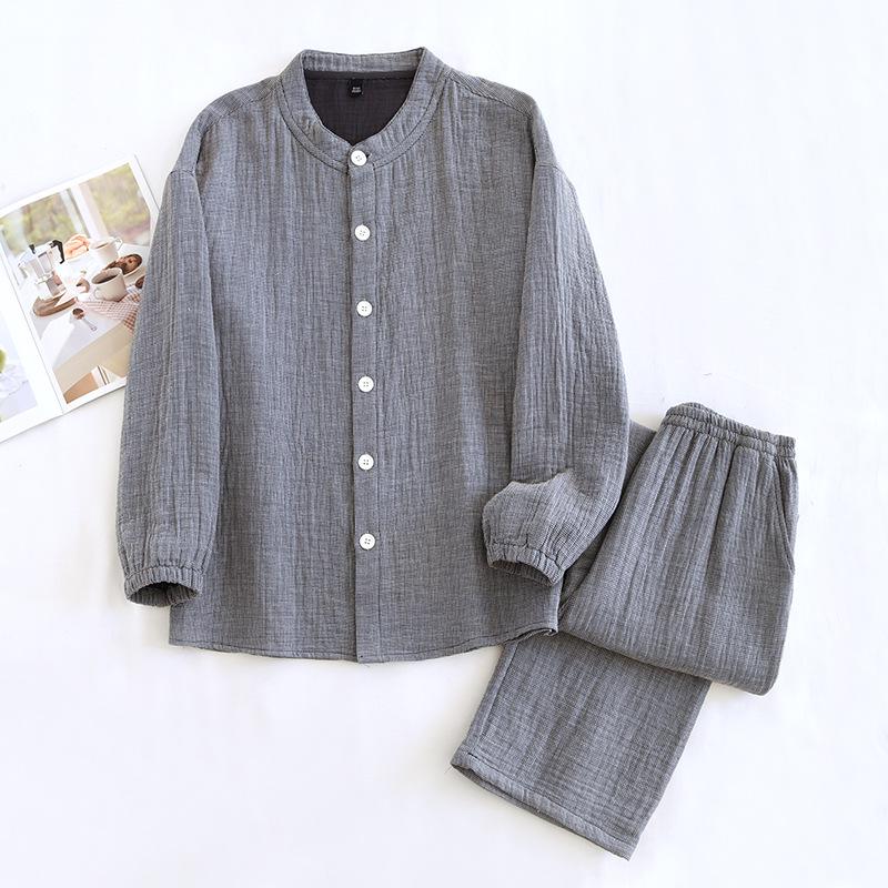 Set pigiama primaverile per coppia: Spesso Plaid in Puro Cotone, Manica Lunga da Donna e da Uomo, Vestibilità Ampia