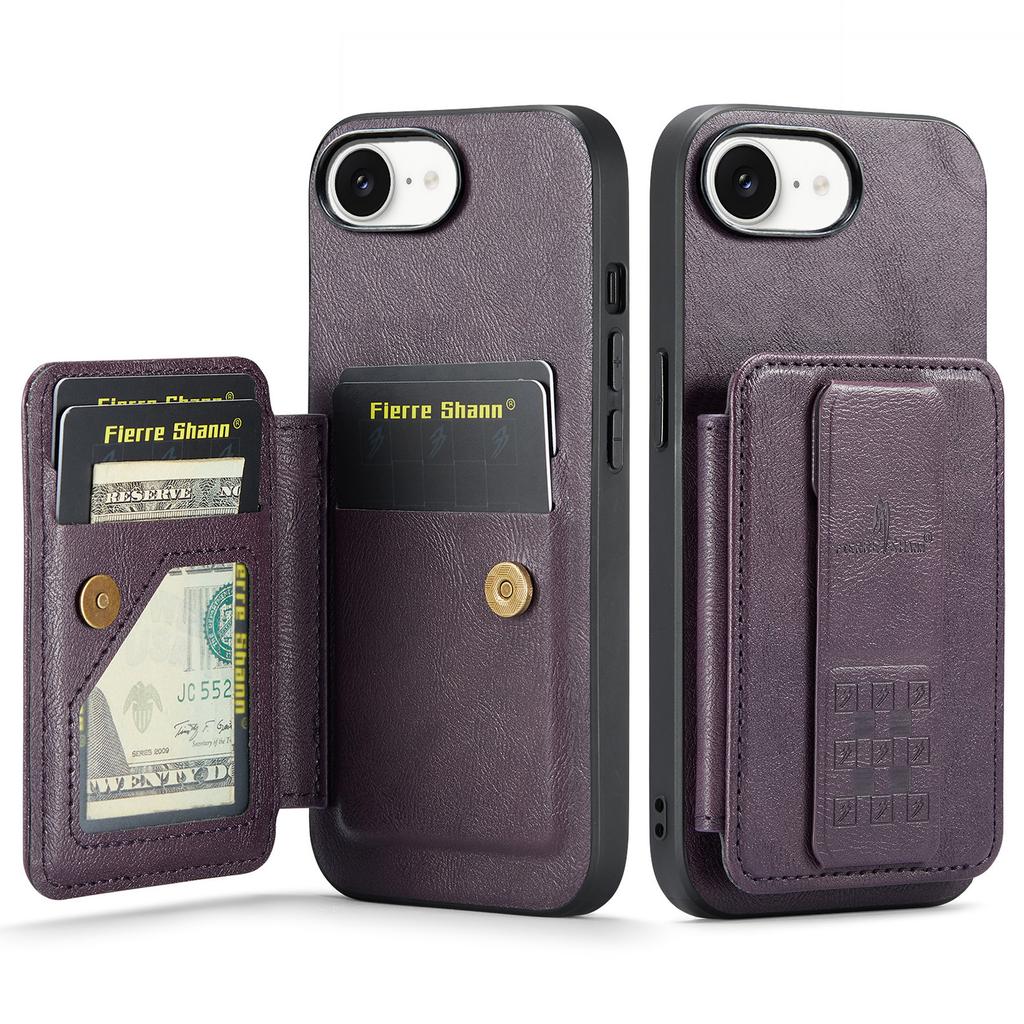 FIERRE SHANN 024 For iPhone 16e Case Card Holder Kickstand Waxy Texture Leather+TPU Phone Cover