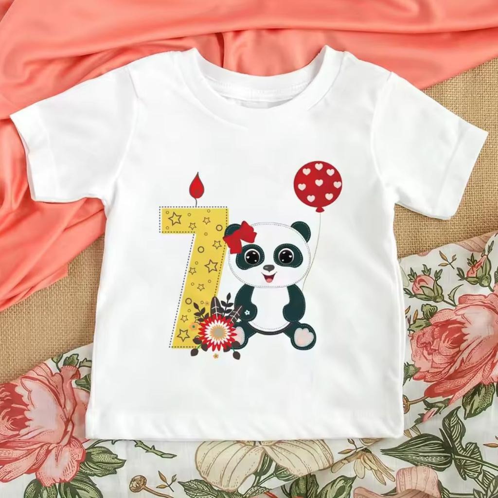 Hotselling Birthday Panda Digital Print Childrens Tshirts Roundneck Shortsleeved Tshirts for Boys and Girls Summer Modal