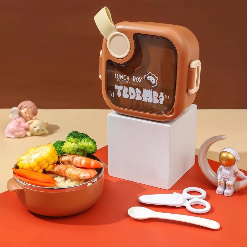 

Портативный детский обеденный набор: Миска и ложка из нержавеющей стали с ланч-боксом, защищенным от протекания