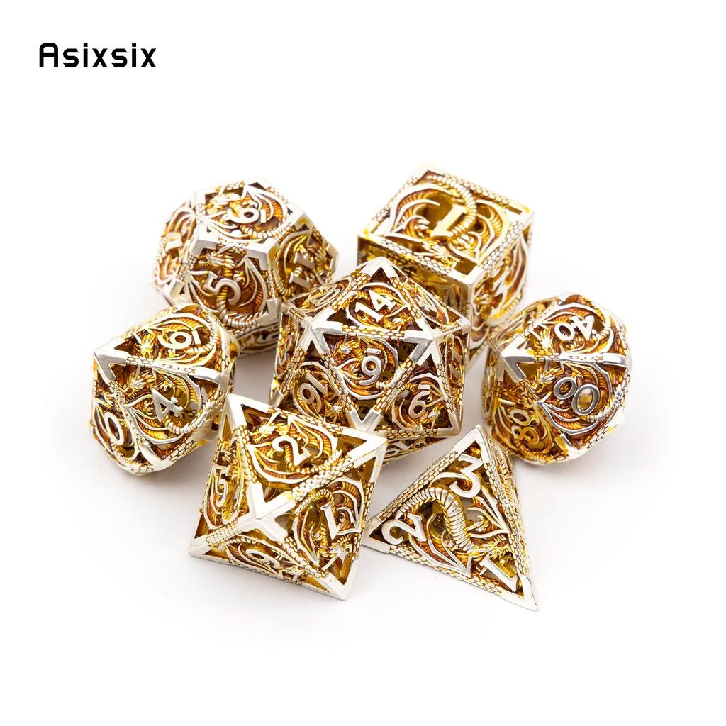 7 Pcs Golden White Dragon Metal Dice Dragon Hollow Metal Polyhedral Dice Set Suitable for Role-Playing RPG  Board Game Card Game