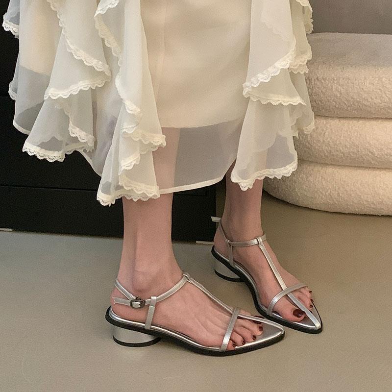 Fashion Luxury Female Fashion T-Strap Women Low Heel Sandals Shoes Summer Pointed Toe Ladies Round Heel Sandals Shoes