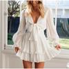 Spring & Autumn V-Neck Long Bubble Sleeve Lace-up Ruffle Dress