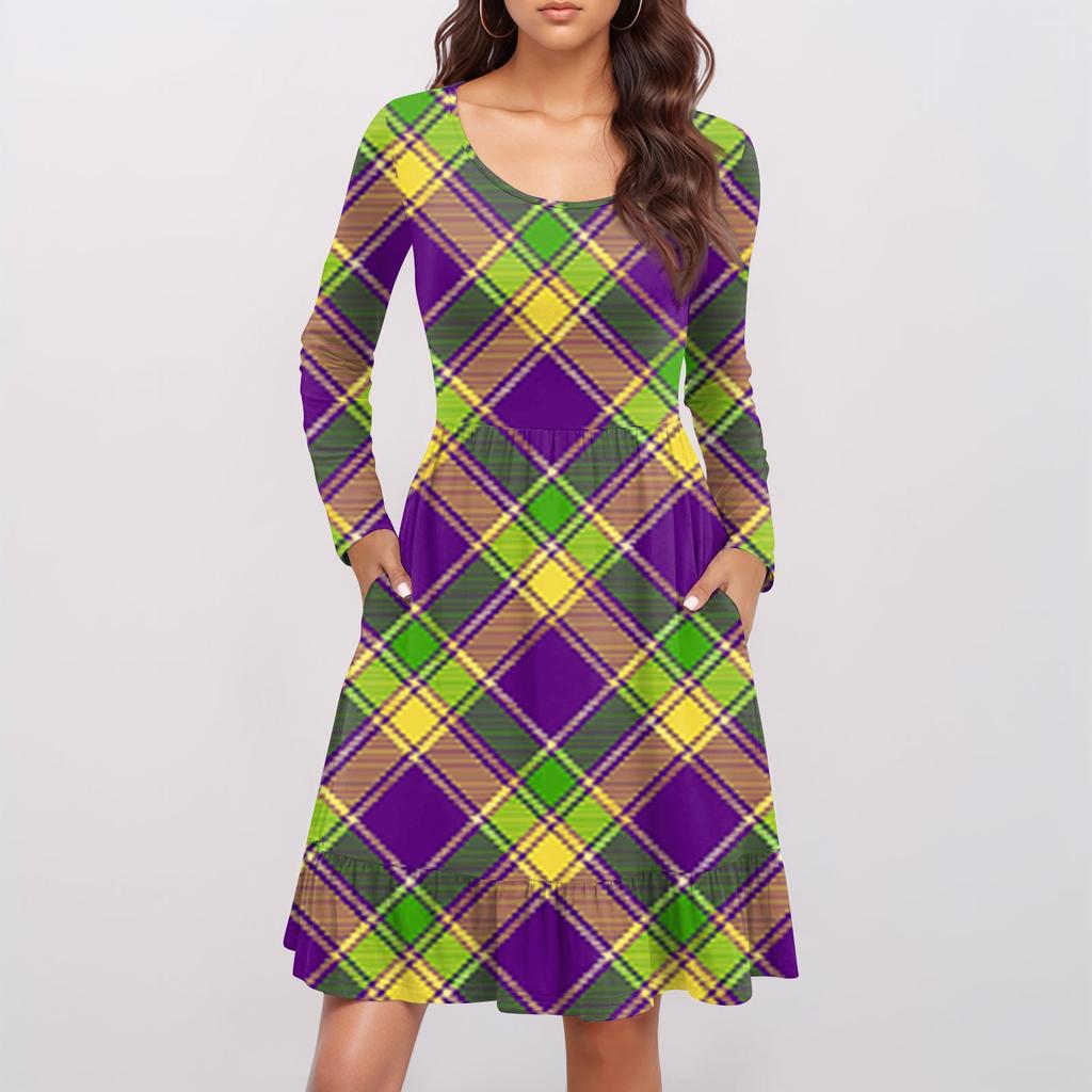 Damen Freizeitkleid mit Rundhalsausschnitt und langen Ärmeln, Karnevalsprint, lockere Taille, plissiertes Kleid