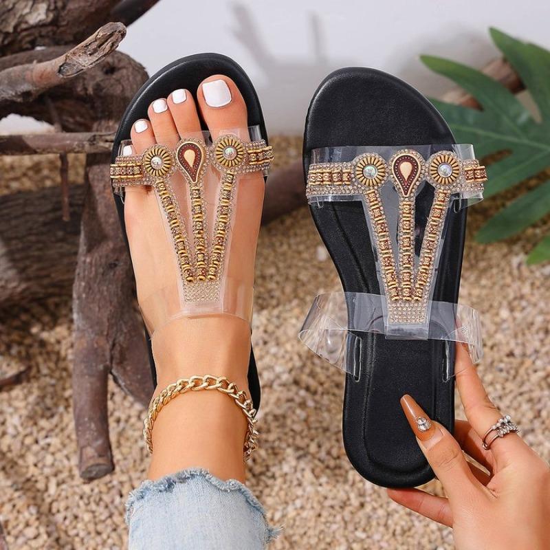 2026 Plus Size 43 Bohemian Style Flat Sandals for Women Summer New Fashionable Luxurious Rhinestone Casual Slippers
