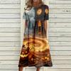 Damen Casual Halloween-Print Rundhalskleid mit Taschen