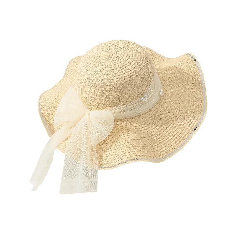 Lace pearl bow straw hat women's summer seaside beach vacation sunshade sun hat wide brim sunshade